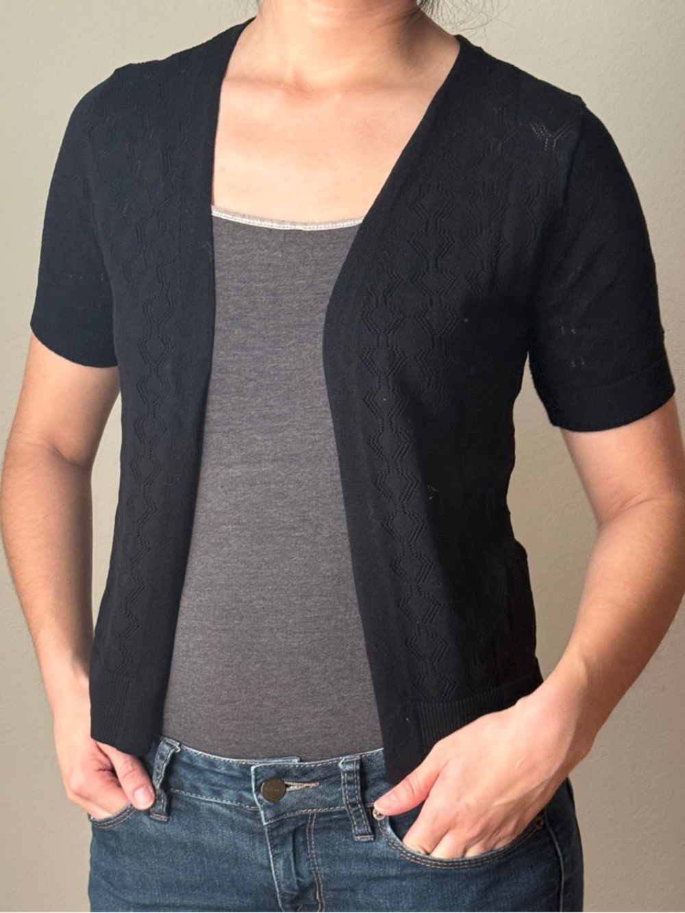 Black Knit Short Sleeve Women's Cardigan